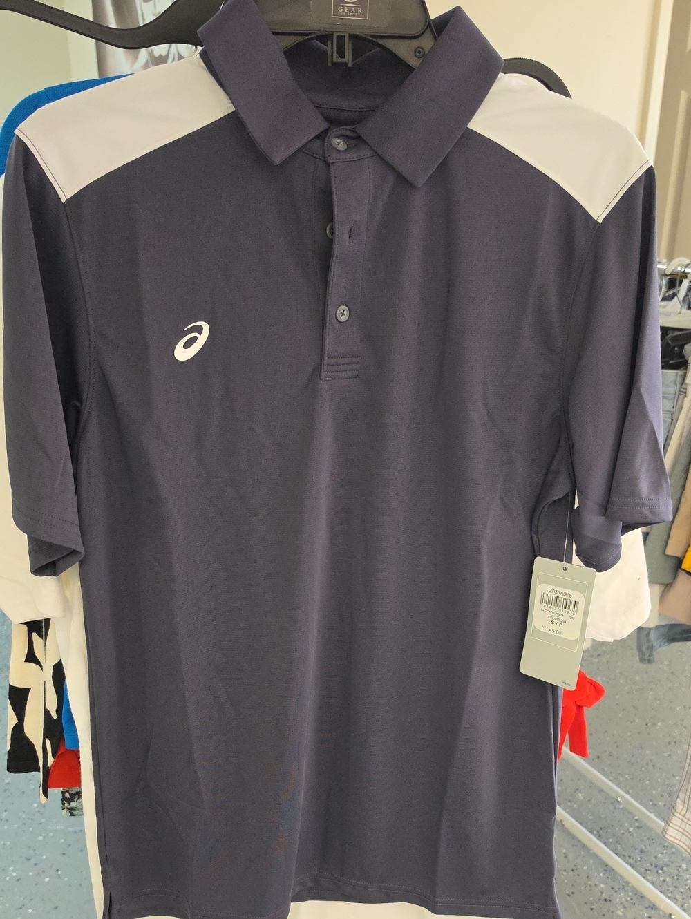 Asics Men's Dark Navy Polo with White Shoulder Panels